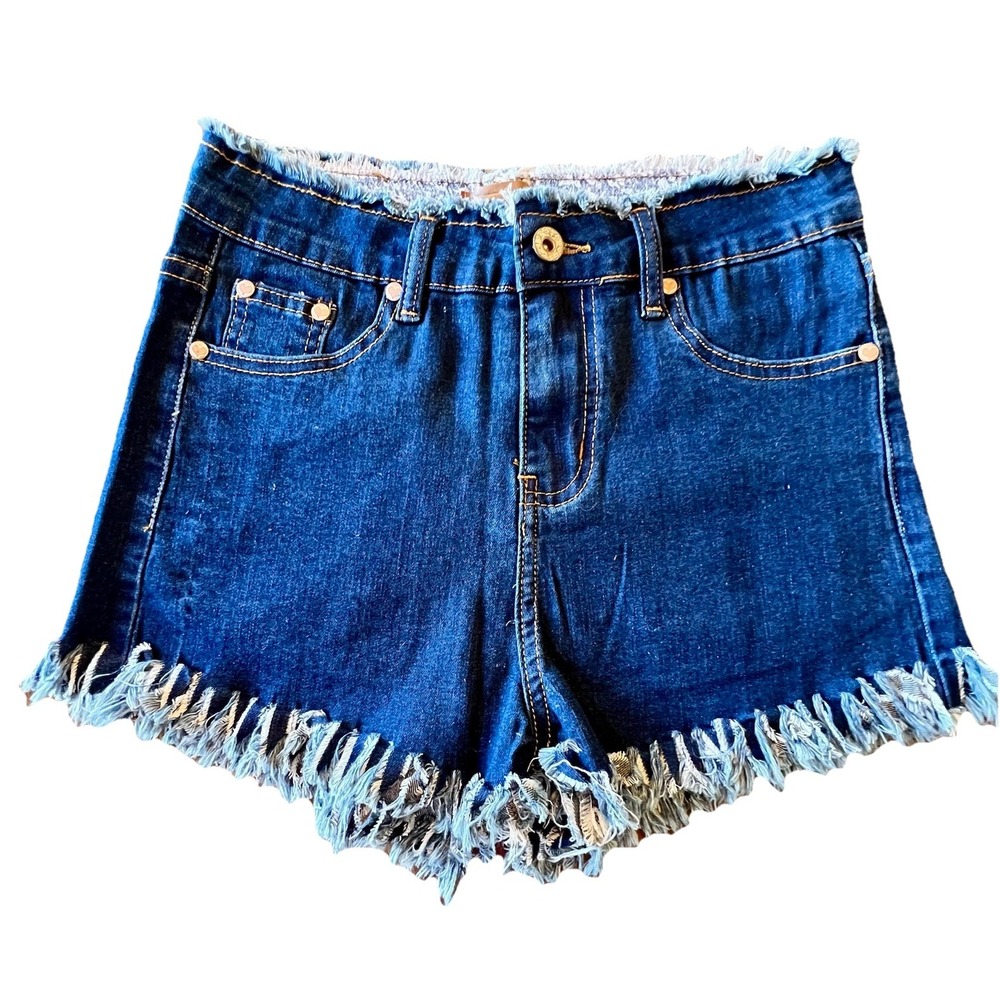 POL Medium Blue Denim Jean Shorts, Raw Fringe Hem, 100% Cotton, Size 4/27" NWOT